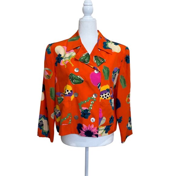 Bloomingdales Womens Silk Jacket Blazer Fun Print Vintage Orange Petite 10 - Picture 1 of 8